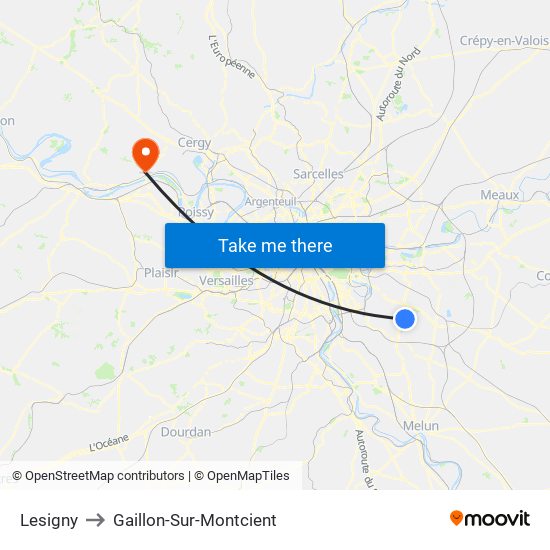 Lesigny to Gaillon-Sur-Montcient map