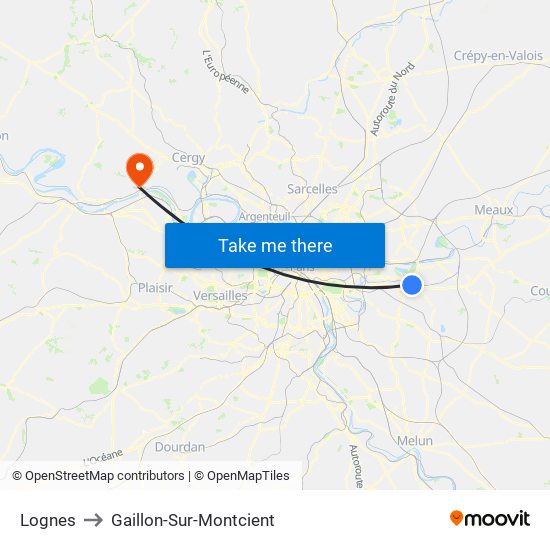 Lognes to Gaillon-Sur-Montcient map