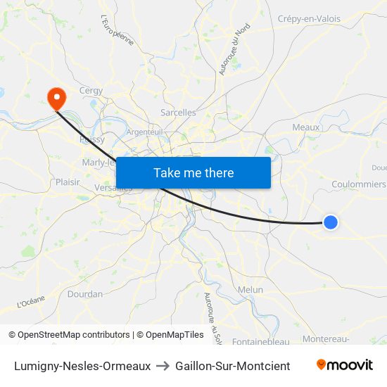 Lumigny-Nesles-Ormeaux to Gaillon-Sur-Montcient map