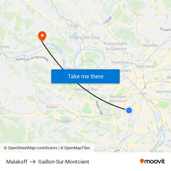 Malakoff to Gaillon-Sur-Montcient map