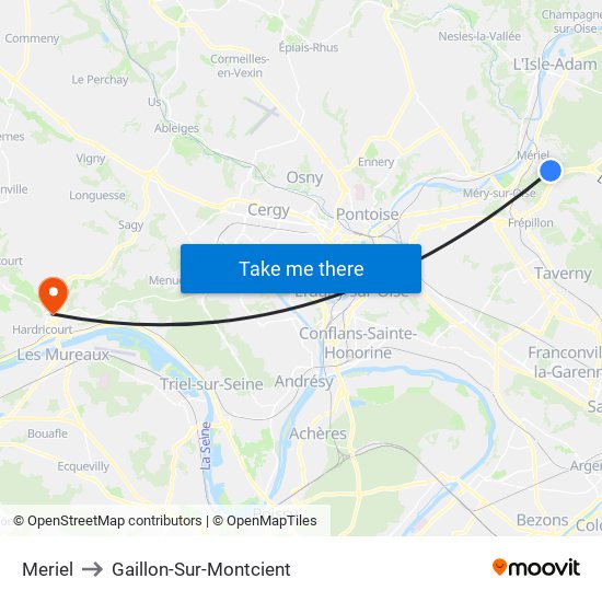 Meriel to Gaillon-Sur-Montcient map
