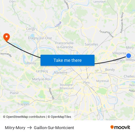 Mitry-Mory to Gaillon-Sur-Montcient map