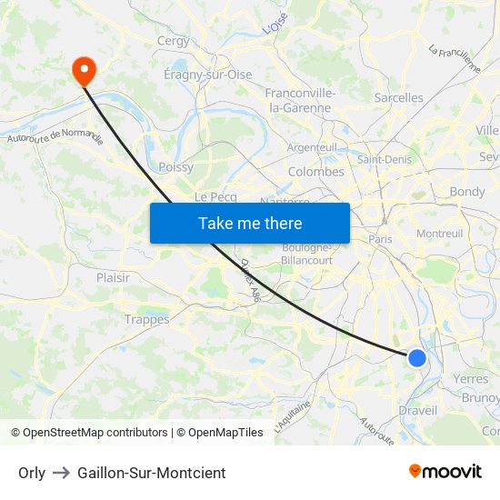Orly to Gaillon-Sur-Montcient map