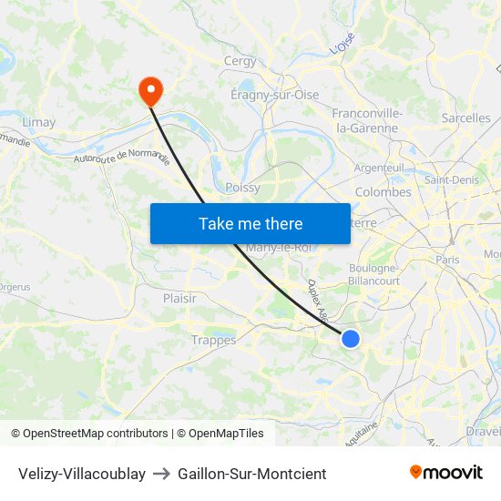 Velizy-Villacoublay to Gaillon-Sur-Montcient map