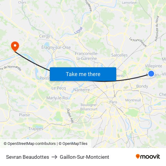 Sevran Beaudottes to Gaillon-Sur-Montcient map