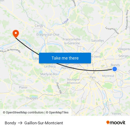 Bondy to Gaillon-Sur-Montcient map