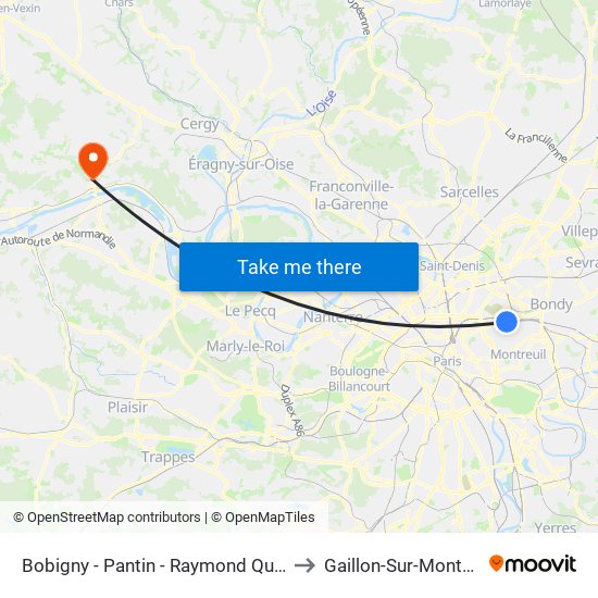 Bobigny - Pantin - Raymond Queneau to Gaillon-Sur-Montcient map