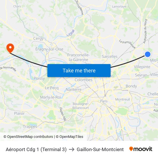 Aéroport Cdg 1 (Terminal 3) to Gaillon-Sur-Montcient map