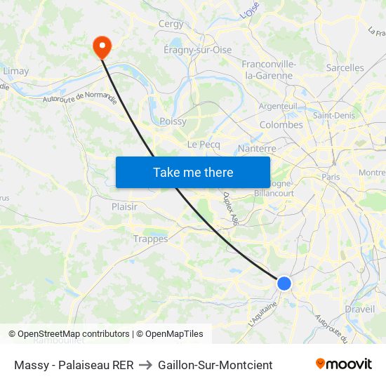 Massy - Palaiseau RER to Gaillon-Sur-Montcient map