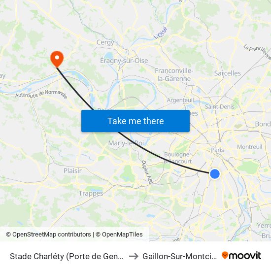Stade Charléty (Porte de Gentilly) to Gaillon-Sur-Montcient map