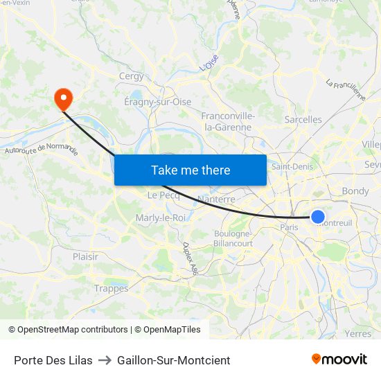 Porte Des Lilas to Gaillon-Sur-Montcient map