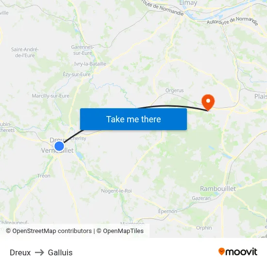 Dreux to Galluis map