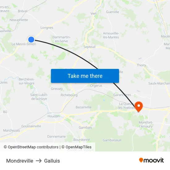Mondreville to Galluis map