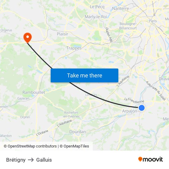 Brétigny to Galluis map
