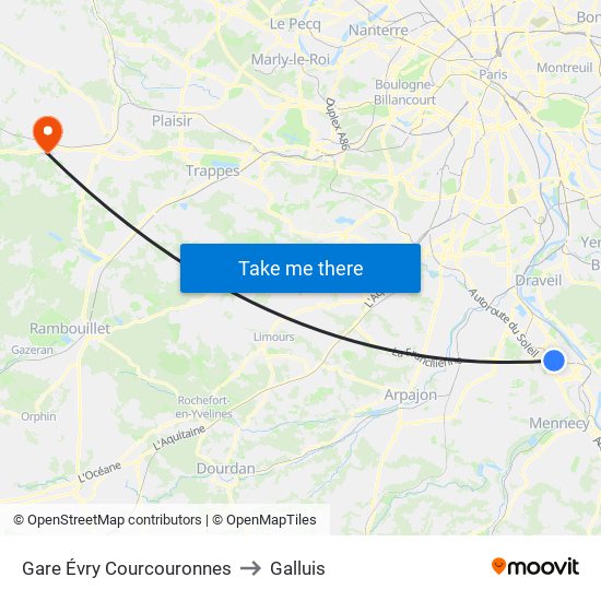 Gare Évry Courcouronnes to Galluis map