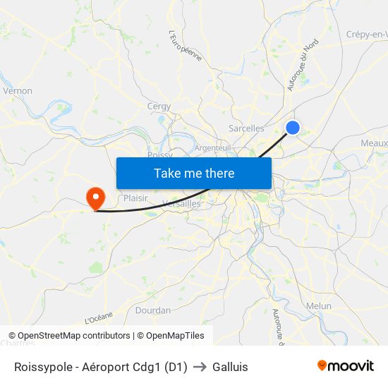 Roissypole - Aéroport Cdg1 (D1) to Galluis map