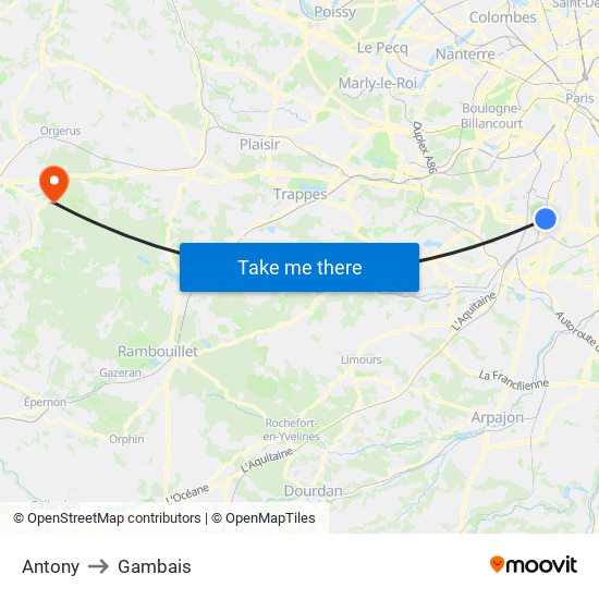 Antony to Gambais map