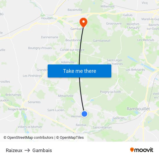 Raizeux to Gambais map