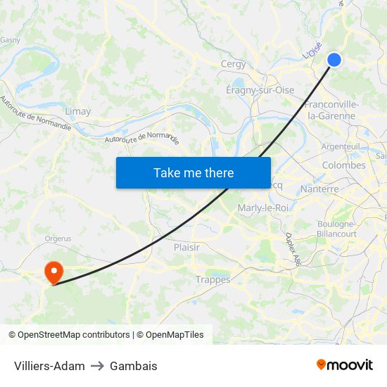 Villiers-Adam to Gambais map