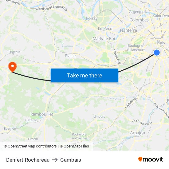 Denfert-Rochereau to Gambais map