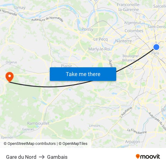 Gare du Nord to Gambais map