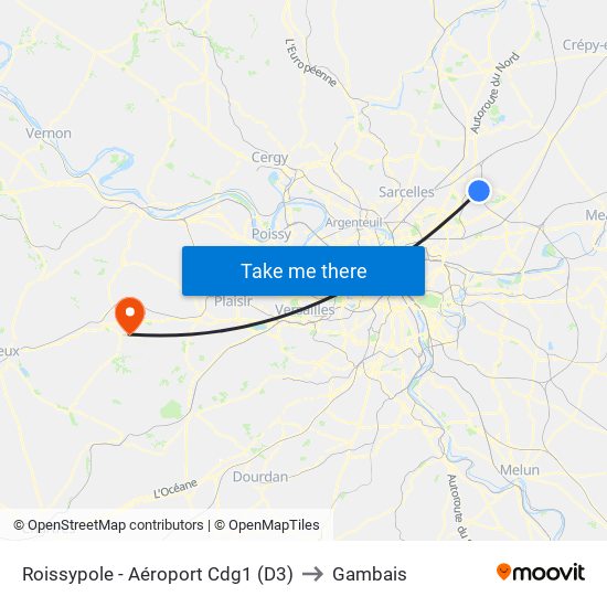Roissypole - Aéroport Cdg1 (D3) to Gambais map