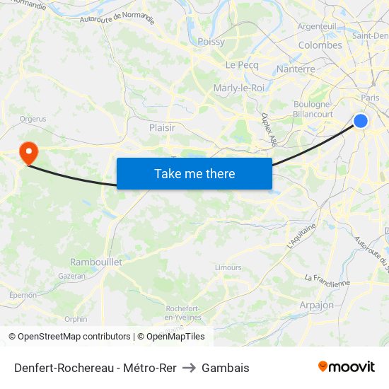 Denfert-Rochereau - Métro-Rer to Gambais map