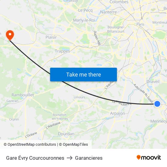 Gare Évry Courcouronnes to Garancieres map