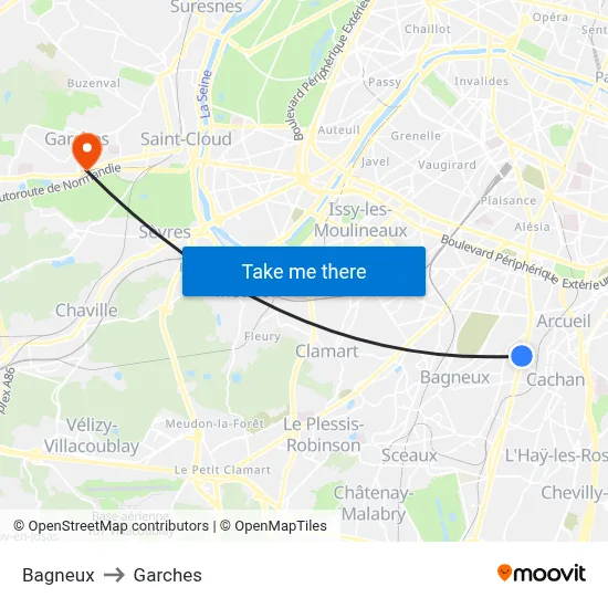 Bagneux to Garches map