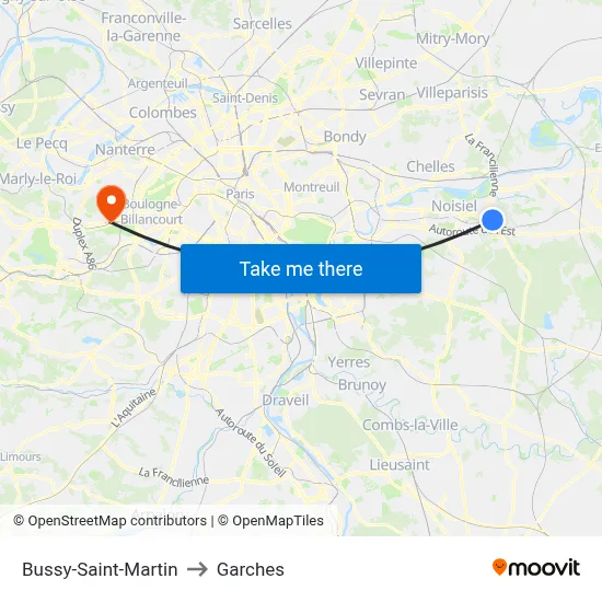 Bussy-Saint-Martin to Garches map