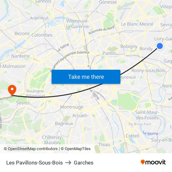 Les Pavillons-Sous-Bois to Garches map