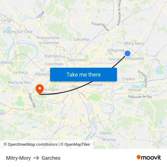 Mitry-Mory to Garches map