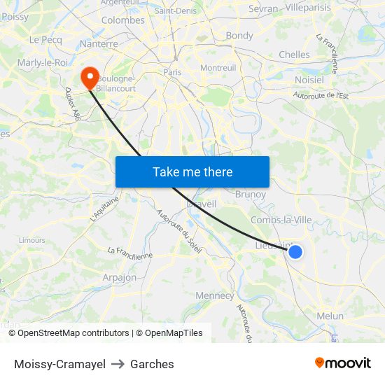 Moissy-Cramayel to Garches map