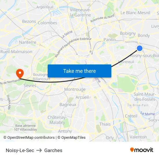 Noisy-Le-Sec to Garches map