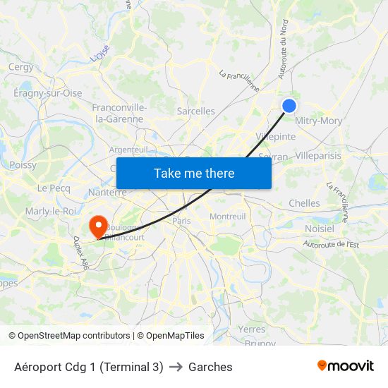 Aéroport Cdg 1 (Terminal 3) to Garches map