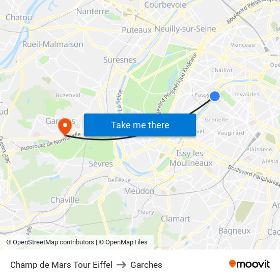 Champ de Mars Tour Eiffel to Garches map