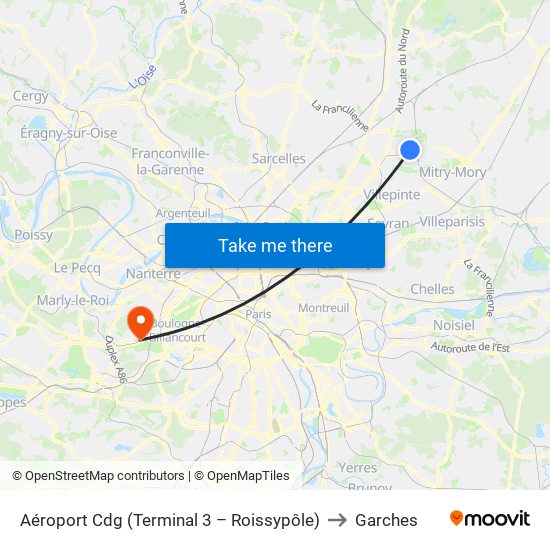 Aéroport Cdg (Terminal 3 – Roissypôle) to Garches map