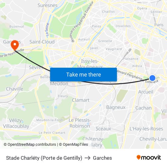Stade Charléty (Porte de Gentilly) to Garches map