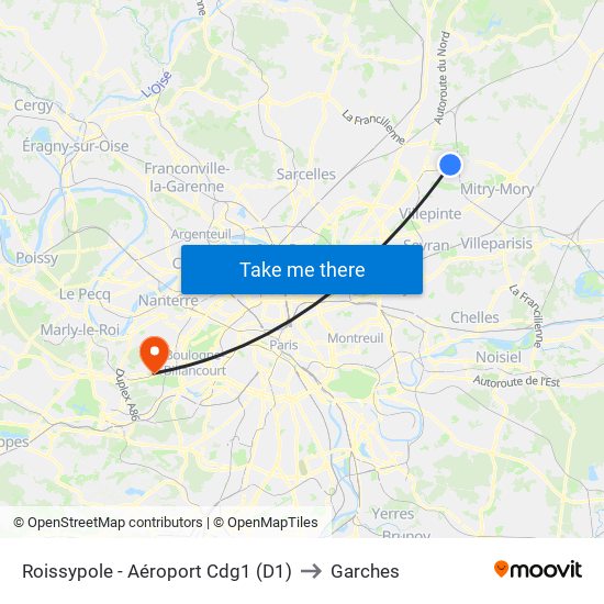 Roissypole - Aéroport Cdg1 (D1) to Garches map