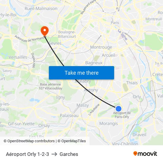 Aéroport Orly 1-2-3 to Garches map