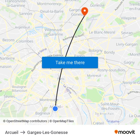 Arcueil to Garges-Les-Gonesse map