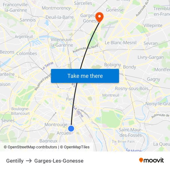 Gentilly to Garges-Les-Gonesse map