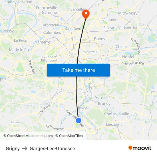 Grigny to Garges-Les-Gonesse map