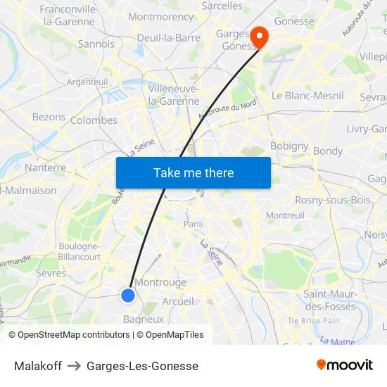 Malakoff to Garges-Les-Gonesse map