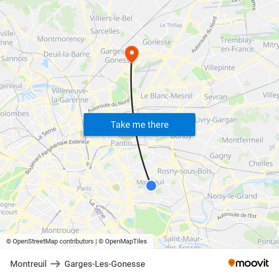 Montreuil to Garges-Les-Gonesse map