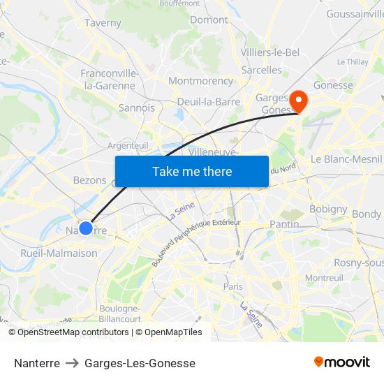 Nanterre to Garges-Les-Gonesse map