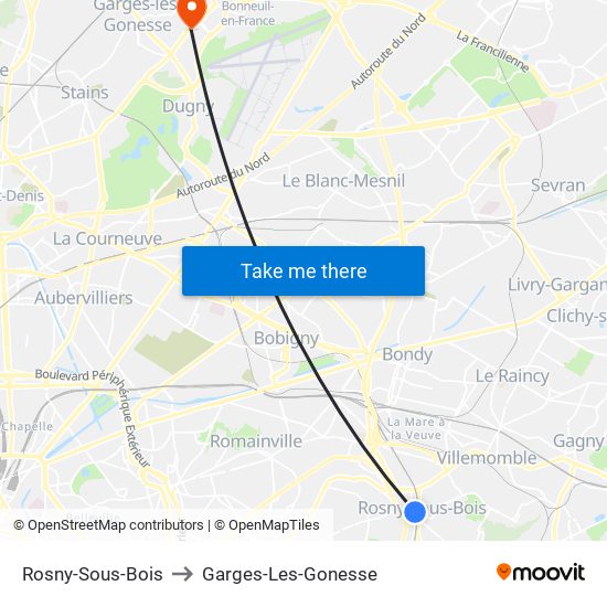 Rosny-Sous-Bois to Garges-Les-Gonesse map