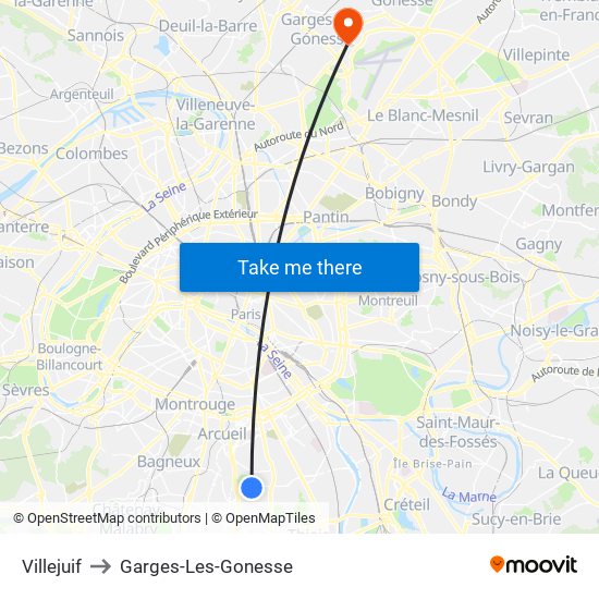 Villejuif to Garges-Les-Gonesse map