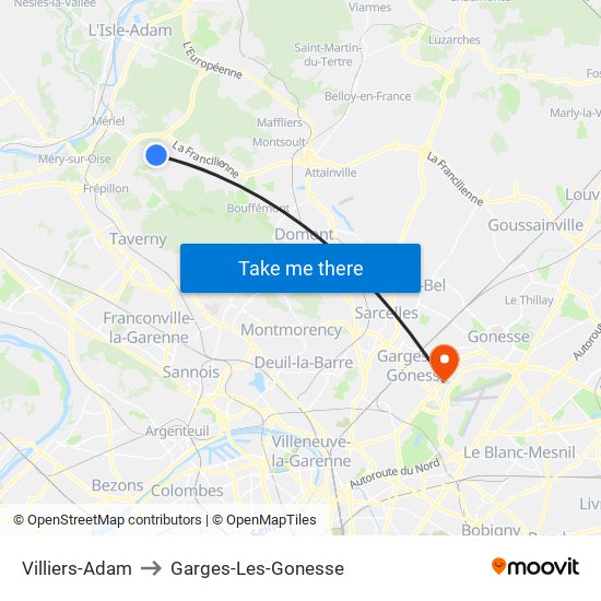 Villiers-Adam to Garges-Les-Gonesse map