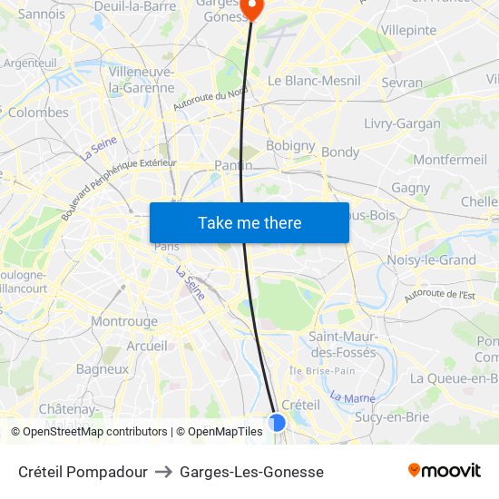 Créteil Pompadour to Garges-Les-Gonesse map